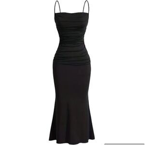 Solid Ruched Cami Dress -Sleeveless Bodycon Black Size Large New